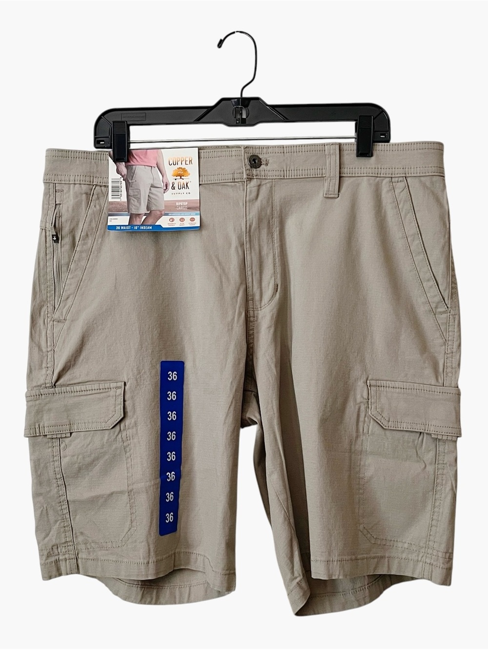 NWT Copper & Oak Ripstop Cargo Shorts Men's Size 36 Tan Stretch Pocket 10 Inseam